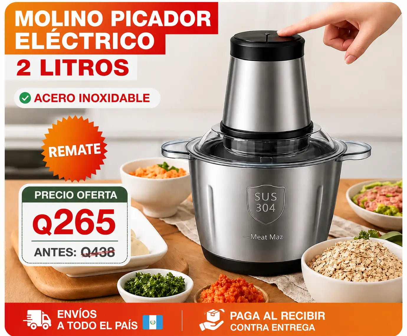 MOLINO PICADOR ELÉCTRICO ACERO INOXIDABLE / 2 LITROS (TAMAÑO GRANDE)   🔥